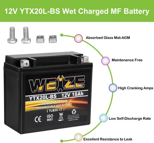 Miniatura 3 de Weize YTX20L-BS - Batería de alto rendimiento para deportes de potencia - Sellada, libre de mantenimiento, AGM para motocicleta, ATV, UTV, moto