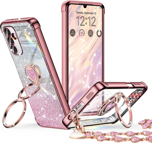 Miniatura 12 de XYZ Funda para Galaxy A14 5G con soporte y doble anillo, funda de lujo para Samsung A14 5G, color negro