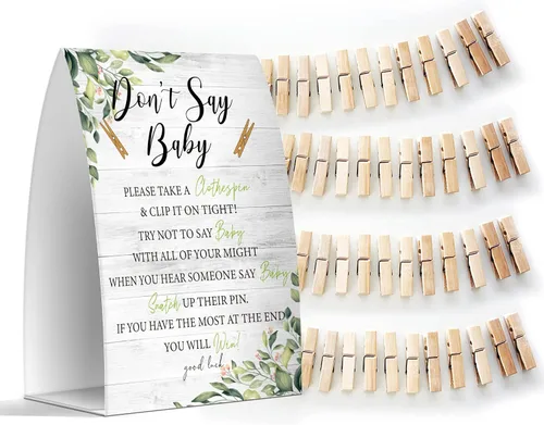 Miniatura 11 de Juego de texto en inglés "Don't Say Baby", un letrero de 5 x 7 pulgadas y 50 mini pinzas para la ropa, juegos de baby shower, decoración de baby