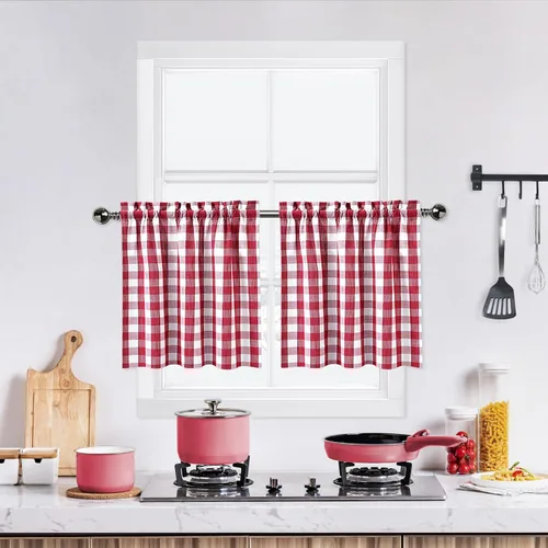 Miniatura 18 de Cortinas de Cocina Estilo Granja de Cuadros Vichy Blanco y Negro de 24 Pulgadas de Largo, Cortinas de Café de Media Ventana de Cuadros Buffalo
