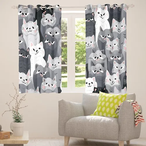 Miniatura 5 de Feelyou Cortinas de ventana de gatos grises y blancos, cortinas de ventana con patrón de mascotas para dormitorio, sala de estar para niños, niñas