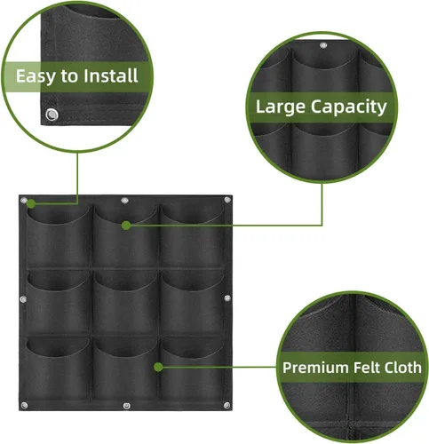 Miniatura 4 de Bolsas de cultivo colgantes para plantar, 9 bolsillos para colgar en la pared, bolsa de cultivo vertical para jardín interior y exterior, contenedor