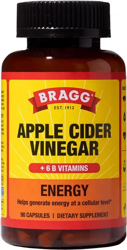 Bragg Energy Cápsulas de vinagre de sidra de manzana con vitaminas B-12, 90 cápsulas, control de peso, sin OMG, vegano, sin gluten, sin azúcar,