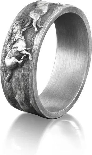 BySilverStone Jewelry Wolf Family - Anillo de plata para hombre, anillo de promesa oxidado con lobo grabado para hombre, anillo de plata con
