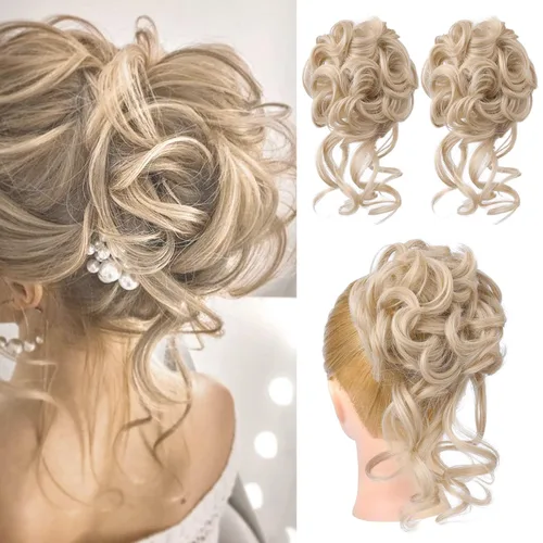 HOOJIH 2 piezas de postizo de moño despeinado, recogido despeinado con mechones, extensiones de moño de cabello ondulado y rizado, envoltorio de