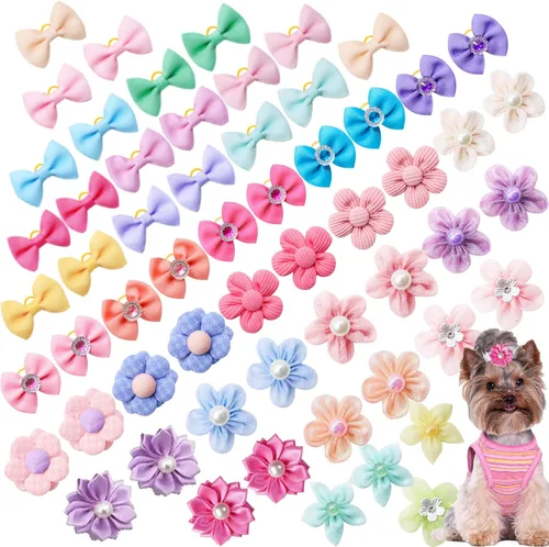 60pcs Dog Hair Bows with Rubber Bands – Handmade Mix of Bows and Flowers, Small Puppy Grooming Accessories for Yorkie & Tiny Dogs