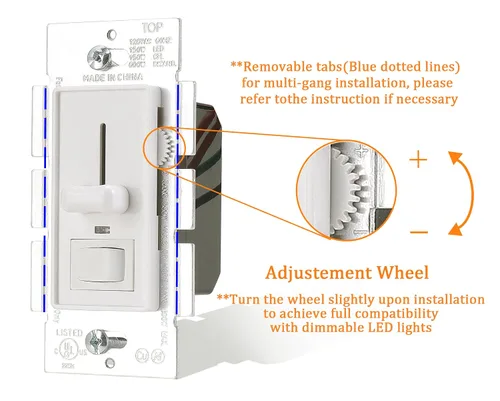 Miniatura 3 de Cloudy Bay Interruptor de atenuación de pared con indicador verde, para luz LED/CFL/incandescente, diapositiva regulable de un solo polo de 3 vías