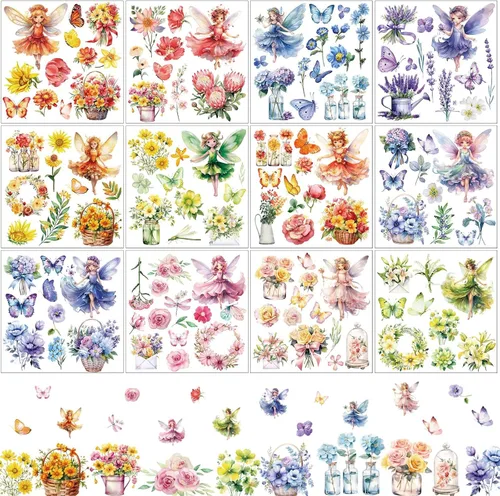 gisgfim 12 hojas de flores de hadas para manualidades y muebles, calcomanías decorativas para primavera y verano, papel de oficina en casa, madera,