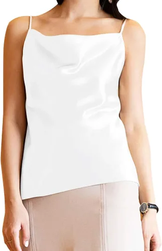 Miniatura 5 de Miqieer Camiseta básica de seda para mujer, con cuello en V, holgada, sin mangas, de satén, para mujer