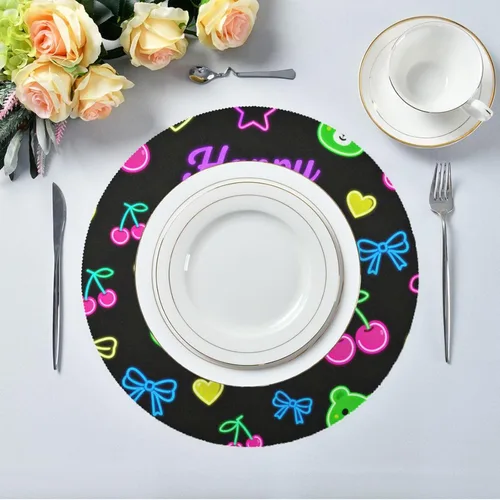 Miniatura 5 de Manteles individuales redondos de color negro a granel con oso de feliz cumpleaños para niños de 15 x 15 pulgadas individuales para mesa de comedor