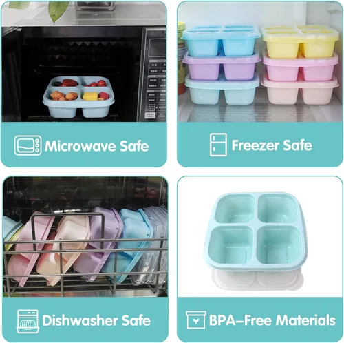 Miniatura 4 de Finorder Paquete de 6 recipientes para aperitivos, fibra de paja de trigo con 4 compartimentos, lonchera Bento reutilizable, contenedores