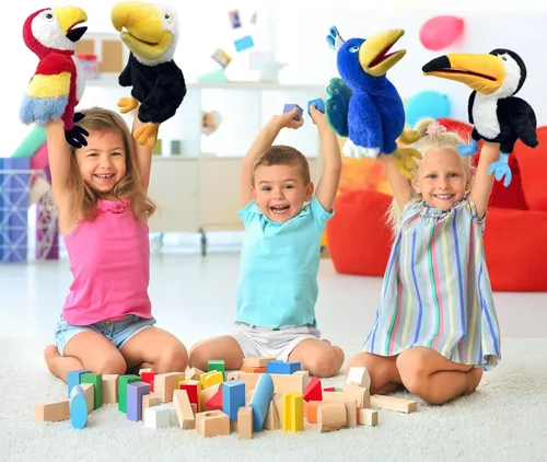 Miniatura 5 de Marionetas de mano de loro, marionetas de mano de animales de 13.8 pulgadas, marionetas de mano de animales de peluche para niños con boca móvil