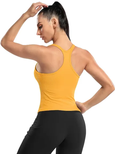 Miniatura 139 de ATTRACO Camiseta corta acanalada de entrenamiento para mujer con brasier integrado para yoga, espalda cruzada, ajuste ajustado