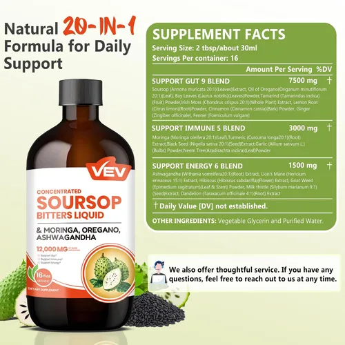 Miniatura 2 de VEV Líquido amargo de guanábana, fórmula sin azúcar con extracto de graviola, 20 en 1, con semilla negra, moringa y orégano, salud digestiva