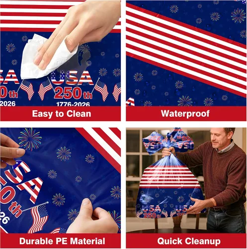 Miniatura 4 de Kelool Decoraciones del 250 aniversario de Estados Unidos, paquete de 3 manteles patrióticos de 54 x 108 pulgadas, mantel rectangular desechable
