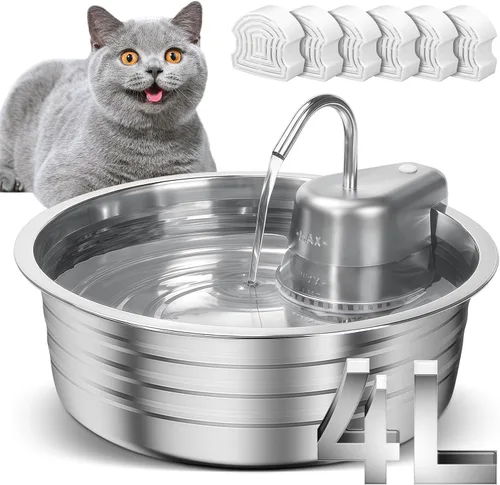 Miniatura 8 de Fuente de agua para gatos, fuente de acero inoxidable para mascotas de 4 L/135 onzas con 3 filtros, dispensador de agua para perros, fuente de agua