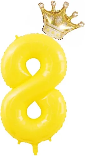 Globos amarillos grandes de 40 pulgadas con corona, globos de helio de aluminio del número 8, decoraciones de cumpleaños 8, suministros para fiestas