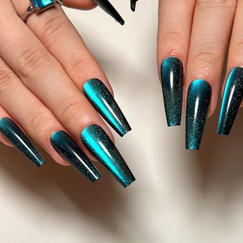 Miniatura 20 de Uñas postizas a presión largas, con brillo azul y diseño, acabado acrílico brillante, de cobertura completa, uñas postizas reutilizables para l002