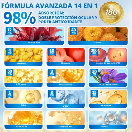Miniatura 3 de Astaxantina 14 en 1 12 mg y luteína 40 mg con suplementos de zeaxantina, suministro para 6 meses, fuente de microalgas frescas, apoya los ojos