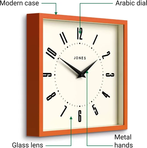 Miniatura 6 de JONES CLOCKS® Reloj de pared de caja, cuadrado retro, 10 pulgadas, naranja, números fáciles de leer, reloj perfecto para cocina u oficina Naranja