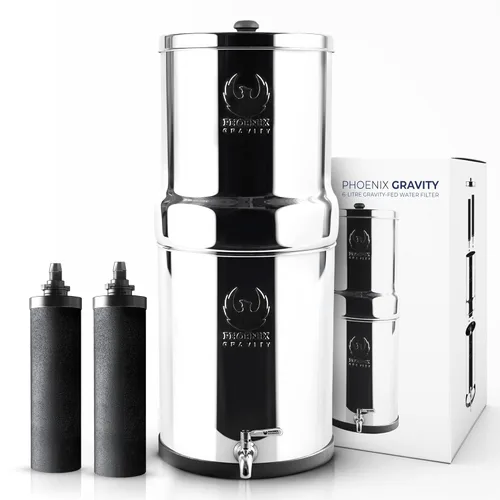 1.5 G | Filtro de agua por gravedad | Certificado NSF | Filtro de agua para encimera de acero inoxidable AISI 304 | 2 filtros de carbón | Válvula de