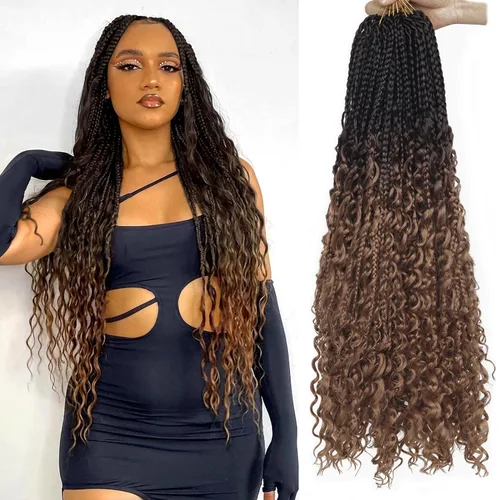 Miniatura 21 de Goddess Box Braids - Trenzas de cabello a ganchillo con extremos rizados, trenzas de caja bohemianas de 16 pulgadas, trenzas de ganchillo, 8 1B-4-30