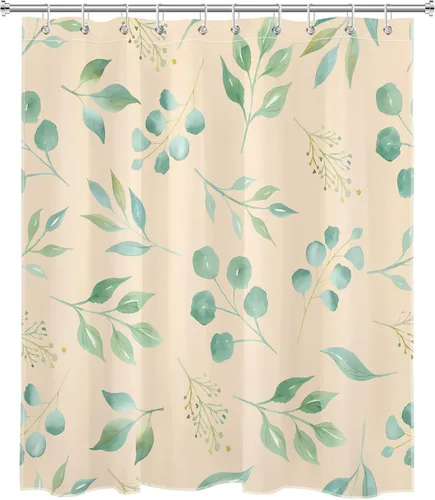 Miniatura 2 de EOBTAIN Cortina de ducha de hojas de eucalipto verde para baño, cortina de ducha con hojas de plantas naturales en beige con 10 ganchos, juego