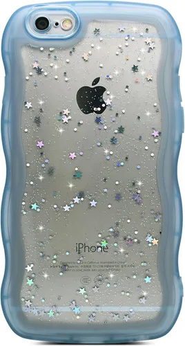 Miniatura 115 de Qokey Funda para iPhone 12 Pro Max de 6.7 pulgadas, diseño de onda rizada, borde transparente, brillante con purpurina, estrella brillante, bonita