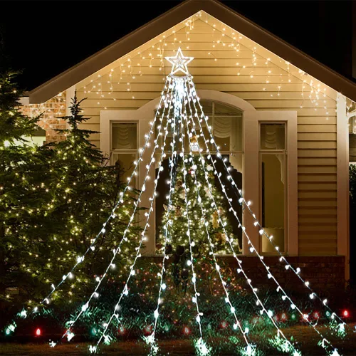 Aokudoni - Decoración de Navidad para exterior, 12.6 pies, 350 luces LED, 8 modos, luces de estrella de Navidad para exterior para casa, patio,