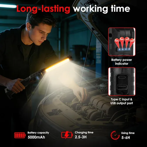 Miniatura 4 de Luz de trabajo LED magnética, 7 modos y luz de trabajo LED recargable de rotación de 180°, linterna COB portátil con imán fuerte, luz mecánica