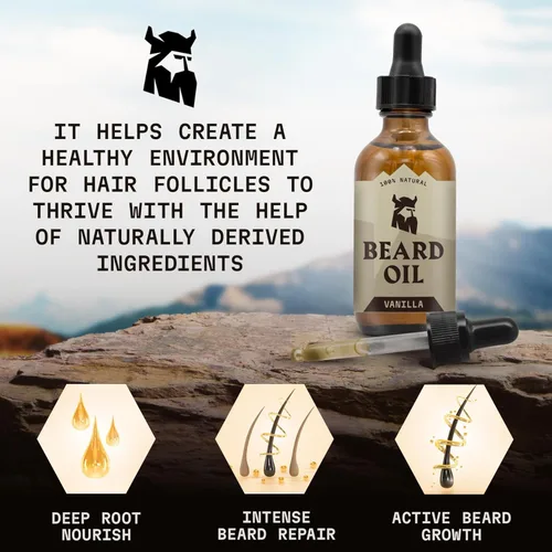 Miniatura 4 de Striking Viking Aceite de vainilla para barba para hombres, acondicionador derivado naturalmente con aceites de argán y jojoba para suavizar
