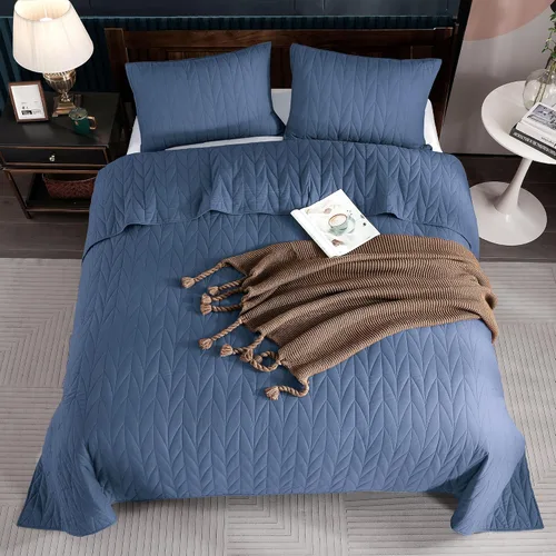 Miniatura 4 de SHALALA - Juego de edredón 100% algodón, relleno de algodón de 7.07 oz/m², colcha prelavada de 3 piezas ultra suave y ligera con fundas de almohada