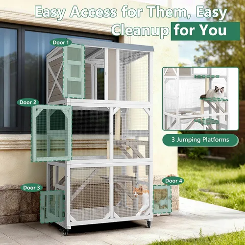 Miniatura 5 de Catio - Caja para gatos para exteriores con ruedas y techo resistente a la intemperie, ventana grande de 63 pulgadas con 3 plataformas, cúpula