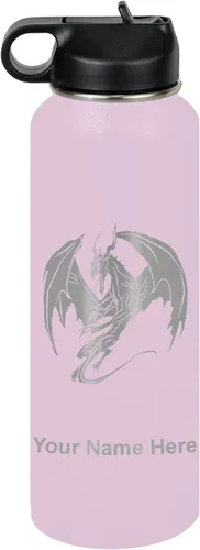 Miniatura 73 de LaserGram Botella de agua con tapa abatible de doble pared de 12 onzas con pajilla, dragón, grabado personalizado incluido (negro)