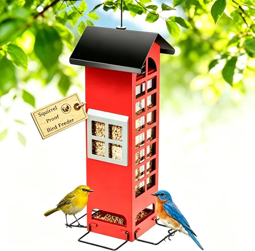 Comederos para pájaros a prueba de ardillas, para colgar al aire libre, con puertos activados por peso, tubo cardenal de metal, comedero de semillas