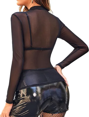 Miniatura 5 de Avidlove Top corto de malla para mujer, manga larga, cuello alto falso, S-XXL