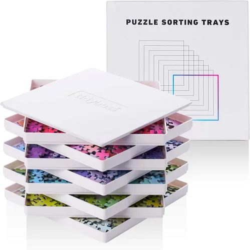 Miniatura 8 de Tidyboss 8 bandejas de clasificación de rompecabezas con tapa de 8 x 8 pulgadas, accesorios portátiles para rompecabezas con fondo blanco que hacen