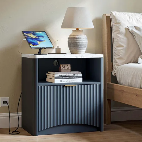 Miniatura 14 de Evermagin Mesita de noche acanalada, mesita de noche de roble natural con cajón y almacenamiento, mesa auxiliar de madera moderna de mediados