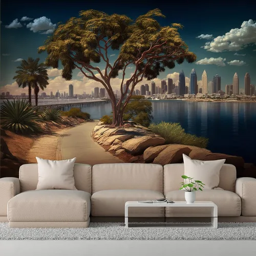 Miniatura 3 de Papel tapiz único de paisaje de la ciudad de San Diego, rascacielos y vista del árbol, arte mural de pared grande para decoración de dormitorio