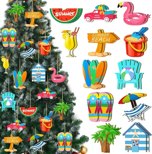Miniatura 8 de 24 adornos de árbol de verano de Navidad en julio, decoración colgante de madera para playa, rebanadas de madera, decoraciones de árbol tropical
