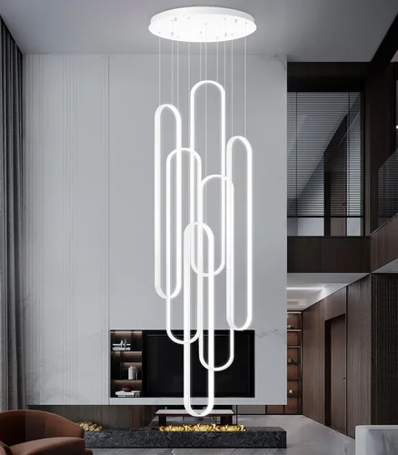 Miniatura 30 de Candelabros LED modernos para entrada de vestíbulo, techo alto, lámparas de escalera largas, regulables, montaje empotrado, alto recibidor, Negro