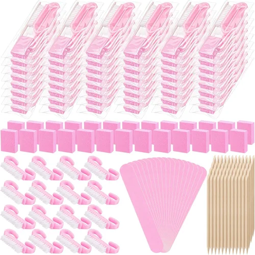 Miniatura 8 de Juego de 100 juegos de manicura profesional desechables, kit básico de 4 piezas, lima de uñas de madera, grano 100/180, mini amortiguador de grano