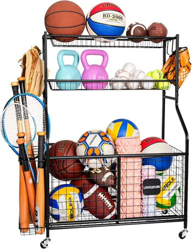 Organizador de almacenamiento de equipos deportivos con ruedas rodantes, carrito de almacenamiento de pelota de garaje para baloncesto, fútbol,
