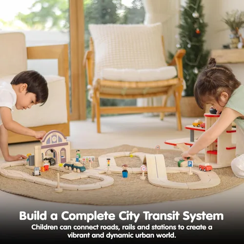Miniatura 5 de PlanToys® Wooden City Transit Rail & Road Playset Montessori Building Activity for City Planning, Transport Systems & Role Play Eco Friendly Toy