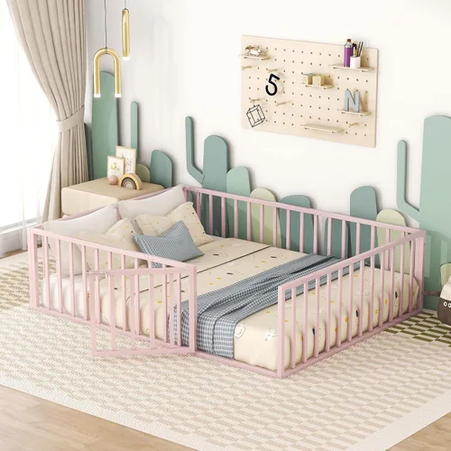 Miniatura 11 de Harper & Bright Designs Cama de suelo Queen con rieles de valla y puerta, cama de piso de metal Queen para niñas y niños, cama de suelo Montessori