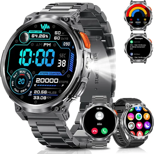 Miniatura 10 de Reloj inteligente militar de pantalla grande de 1.85 pulgadas para hombres con linterna, batería grande de 730 mAh, impermeable IP68, llamadas