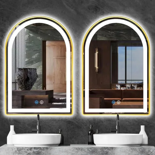 Miniatura 7 de Espejo LED de arco dorado de 16 x 24 pulgadas para baño, pared, maquillaje, mesa, escritorio, espejo de tocador dorado con luces, memoria