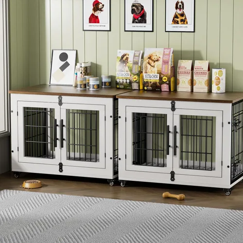 Miniatura 13 de Lulive Muebles de Jaula Grande para Perros, Mesa Auxiliar de Jaula para Perros de Madera de 38'', Perrera para Perros de Doble Puerta