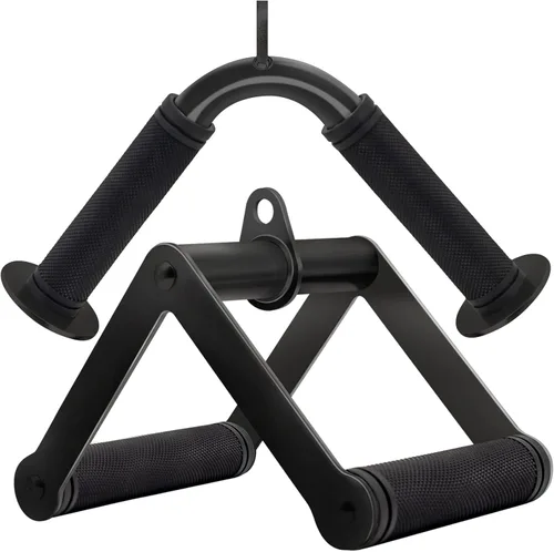 Miniatura 9 de Accesorio de cable de doble mango en D para entrenamiento con pesas, de acero con empuñadura de goma antideslizante (negro)