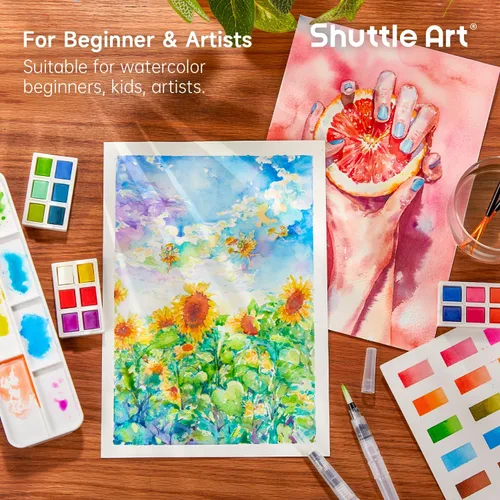 Miniatura 6 de Shuttle Art - Juego de pintura de acuarela de 48 colores en medias bandejas con 2 bolígrafos de pincel de agua, 10 pinceles de pintura, 1